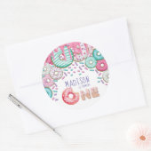 Kute Personalized Donut Sprinkles First Birthday Ronde Sticker (Envelop)