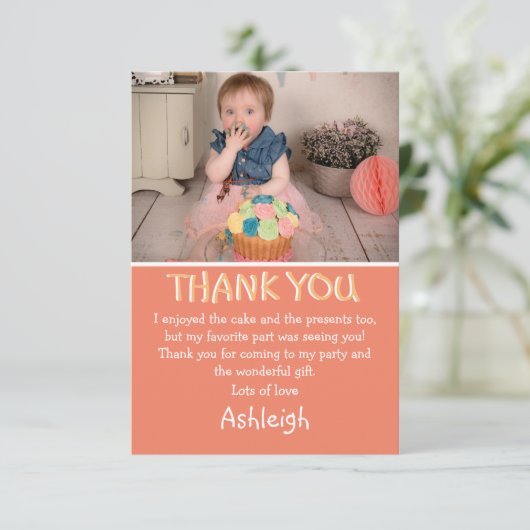 Kute Personalized Peach Photo Flat Bedankkaart (Staand voorkant)