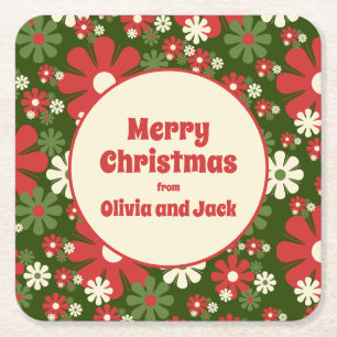 Kute Personalized Retro Floral Kerstmis Vierkante Kartonnen Onderzetter