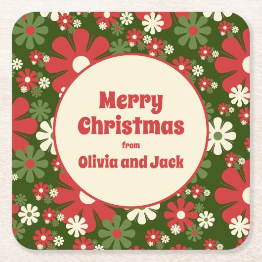 Kute Personalized Retro Floral Kerstmis Vierkante Kartonnen Onderzetter (Voorkant)