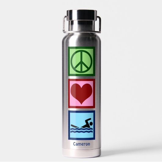 Kute Personalized Swimmer Peace Love Swimming Waterfles (Achterkant)