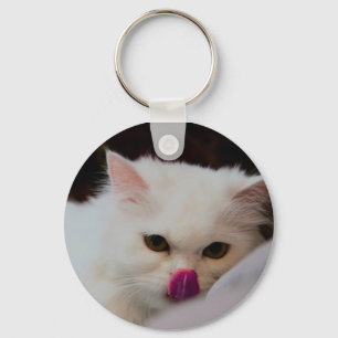 Kute Perzische witte kat met tong Sleutelhanger