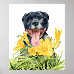 Kute Pitbull Dog in gele bloemtuin Poster