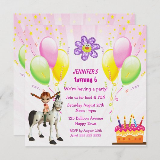 Kute Pony, Cake & Balloons Birthday Party Invites Kaart (Voorkant / Achterkant)