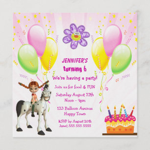 Kute Pony, Cake & Balloons Birthday Party Invites Kaart