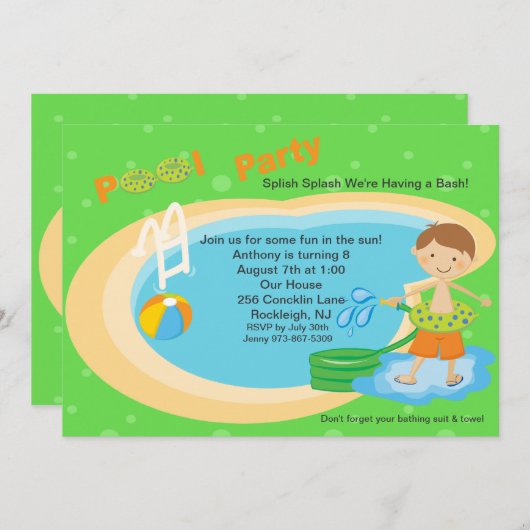 Kute Pool Party Boys Birthday Uitnodiging (Voorkant / Achterkant)