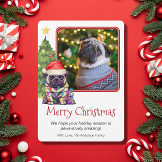 Kute pug en kerstboom Pet Dog Eén foto Feestdagenkaart