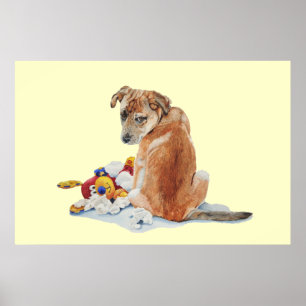 Kute puppy dog met torn teddy realist art poster