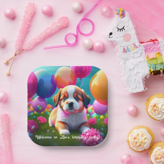 Kute puppy met ballonnen - jarig papieren bordje (Feest)