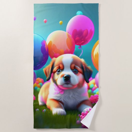 Kute puppy met ballonnen - zoet strandlaken (Voorkant)