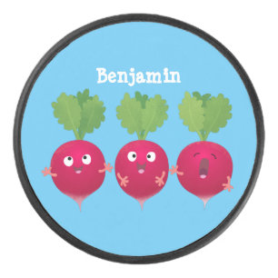 Kute radishes die trio-cartoon-groenten zingen hockey puck