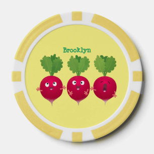 Kute radishes die trio-cartoon-groenten zingen poker chips