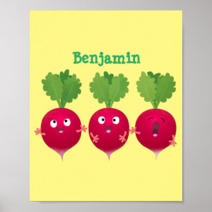 Kute radishes die trio-cartoon-groenten zingen poster