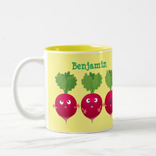 Kute radishes die trio-cartoon-groenten zingen tweekleurige koffiemok