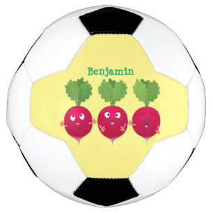 Kute radishes die trio-cartoon-groenten zingen voetbal