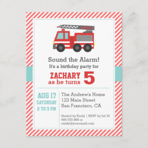 Kute Red Fire Truck Birthday Party Invitation Kaart