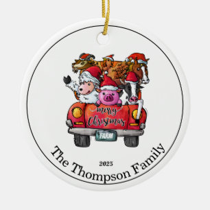 Kute Red Truck met kerstnaam Farm Animals Keramisch Ornament