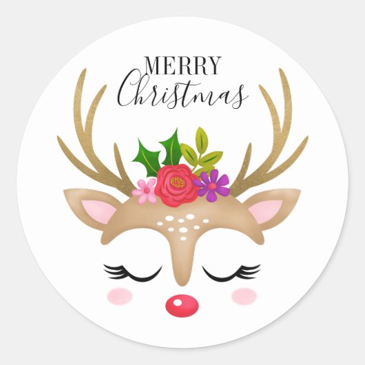 Kute Reindekerst Ronde Sticker (Voorkant)