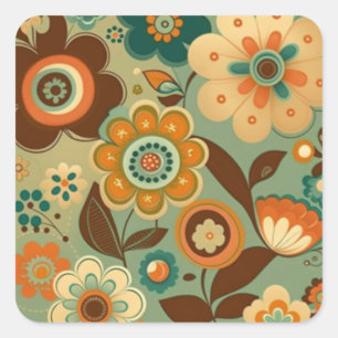 Kute retro- bloemen vierkante sticker