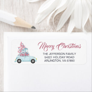 Kute Retro Blue Car Roze kerstboomvakantie Etiket