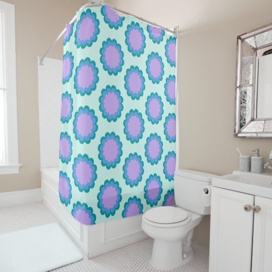Kute Retro Flower Pattern in Mint en Paars Douchegordijn (In situ)
