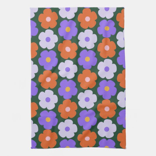 Kute Retro Flower Pattern in Paars and Green Theedoek (Verticaal)