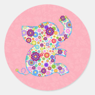 Kute Retro Flowers Cartoon Style Elephant Ronde Sticker