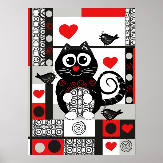 Kute retro-poster met katten, vogels, hart en stip poster (Voorkant)
