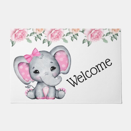 Kute roze Baby Elephant and Roos Border Deurmat (Voorkant)