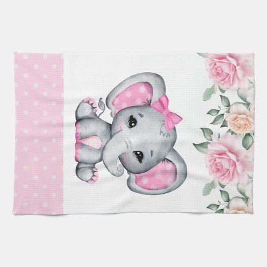 Kute roze Baby Elephant and Roos Border Theedoek (Horizontaal)