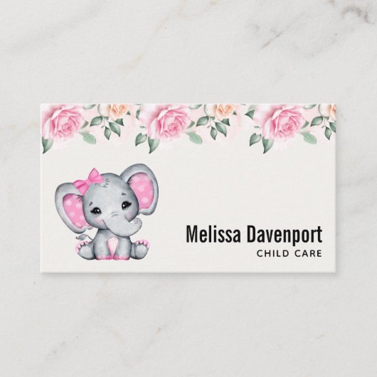 Kute roze Baby Elephant and Roos Border Visitekaartje (Voorkant)