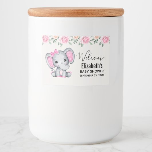 Kute roze Baby Elephant and Roos Border Voedselcontainer Etiket (Voorkant)