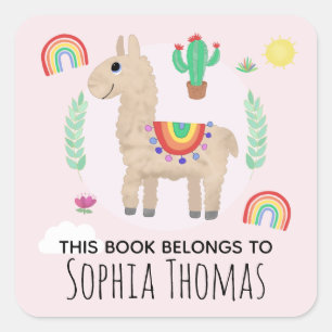 Kute roze "Dit boek behoort tot" Llama Kinder boek Vierkante Sticker