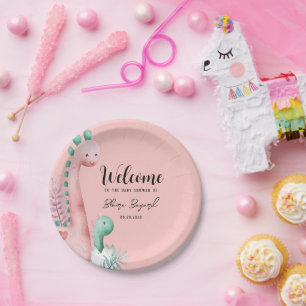 Kute roze en Blauwgroen dinosauriërs Baby shower Papieren Bordje