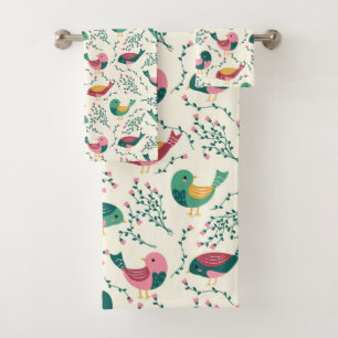 Kute roze en groene vogels botanisch patroon bad handdoek