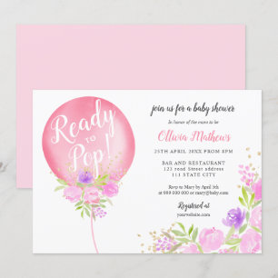 Kute roze florale ballon klaar voor pop baby showe kaart