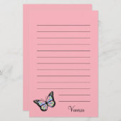 Kute roze met zwart script en vlinder briefpapier (Voorkant / Achterkant)