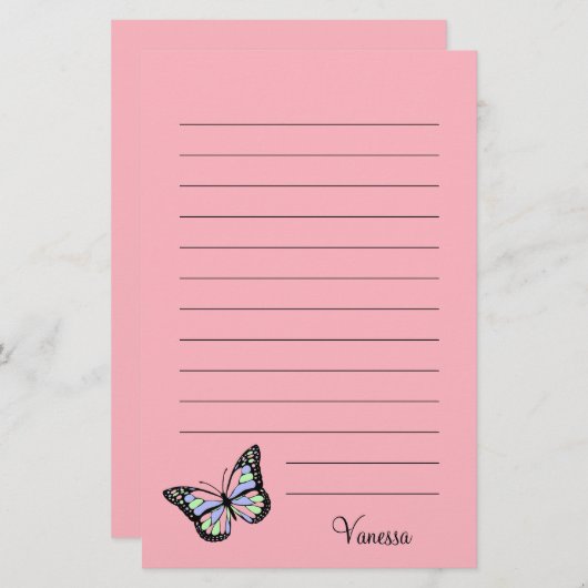 Kute roze met zwart script en vlinder briefpapier (Voorkant / Achterkant)