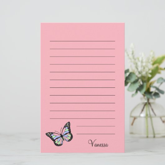 Kute roze met zwart script en vlinder briefpapier (Staand voorkant)