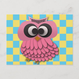 Kute roze Owl op Blauw en Geel Gecontroleerd Briefkaart