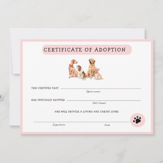 Kute roze & White Puppy Adoption Certificate (Voorkant)