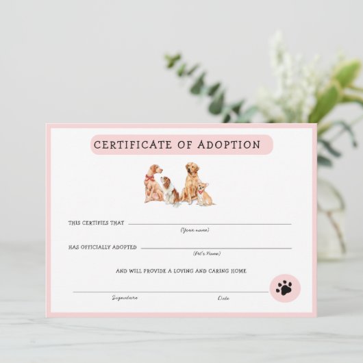 Kute roze & White Puppy Adoption Certificate (Staand voorkant)
