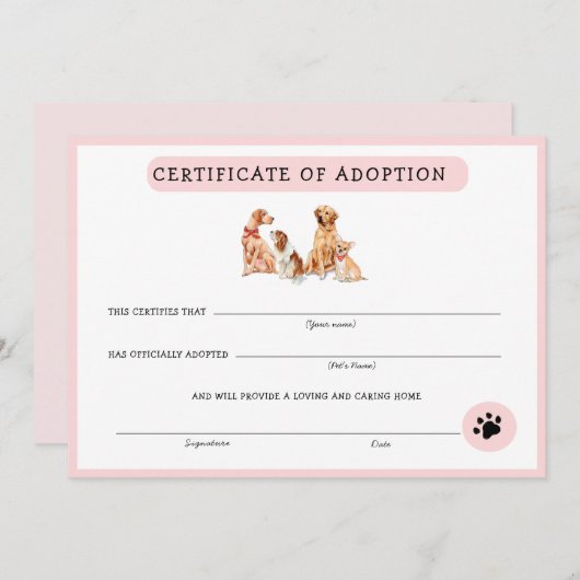 Kute roze & White Puppy Adoption Certificate (Voorkant / Achterkant)