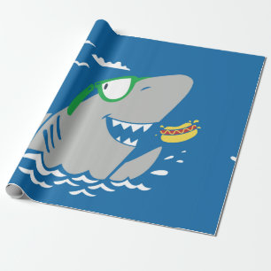 Kute shark cartoon vintage die een hotdog op blu e cadeaupapier