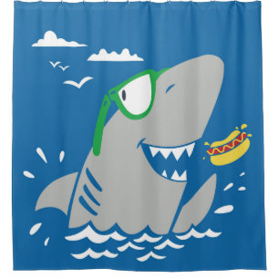 Kute shark cartoon vintage die een hotdog op blu e douchegordijn