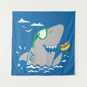 Kute shark cartoon vintage die een hotdog op blu e wandkleed