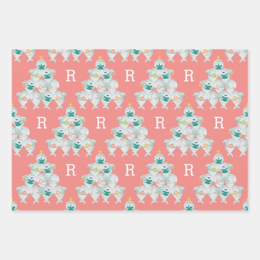 Kute Shark-kerstboom met Initiaal Inpakpapier Vel (Voorkant)