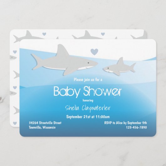 Kute Sharks en Ocean | Uitnodiging tot Baby shower (Voorkant / Achterkant)
