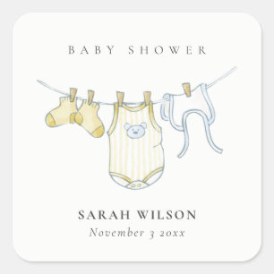 Kute Simple Yellow Baby Clothesline Baby shower Vierkante Sticker