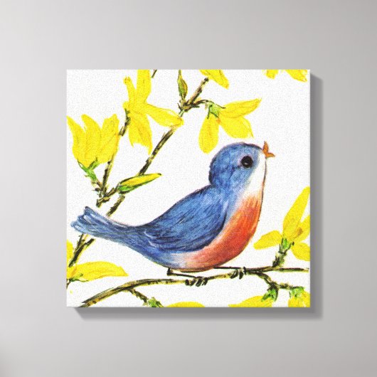Kute Singing Blue Bird Tree Canvas Afdruk (Voorkant)